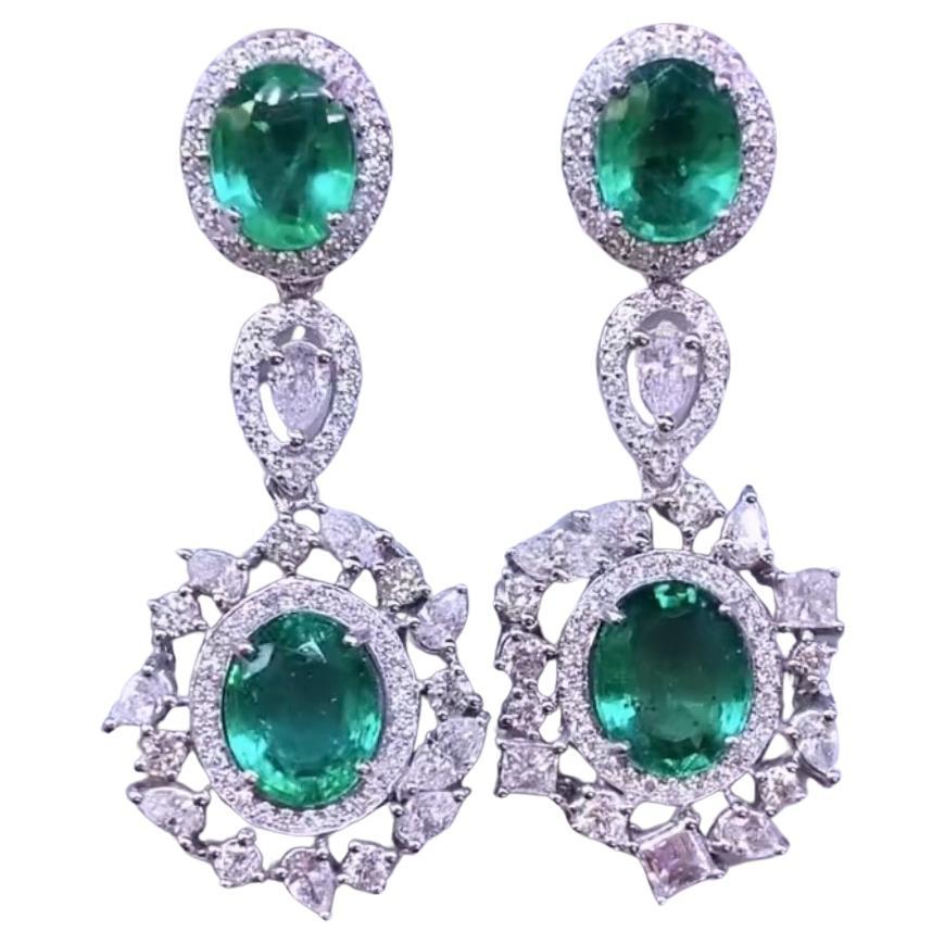 AIG Certified 9.10 Carats Zambian Emeralds   3.00 Ct Diamonds  18K Gold Earrings For Sale