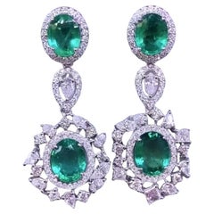 AIG Certified 9.10 Carats Zambian Emeralds   3.00 Ct Diamonds  18K Gold Earrings