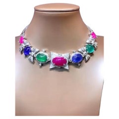 AIG Certified 92.00 Ct Rubies  Emeralds Tanzanites 12.00 Ct Diamonds Necklace