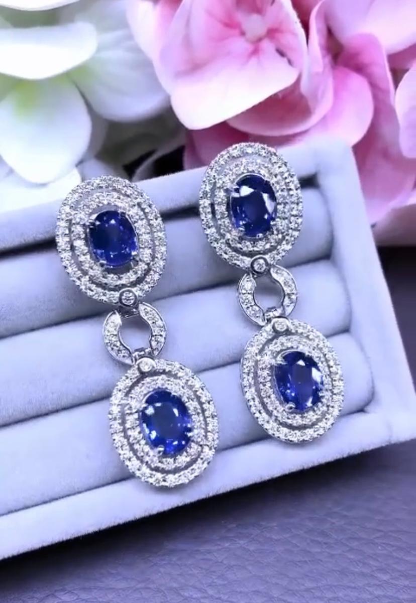 Oval Cut AIG Certified 9.26 Carats Ceylon Sapphires  2.82 Ct Diamonds 18K Gold Earrings  For Sale