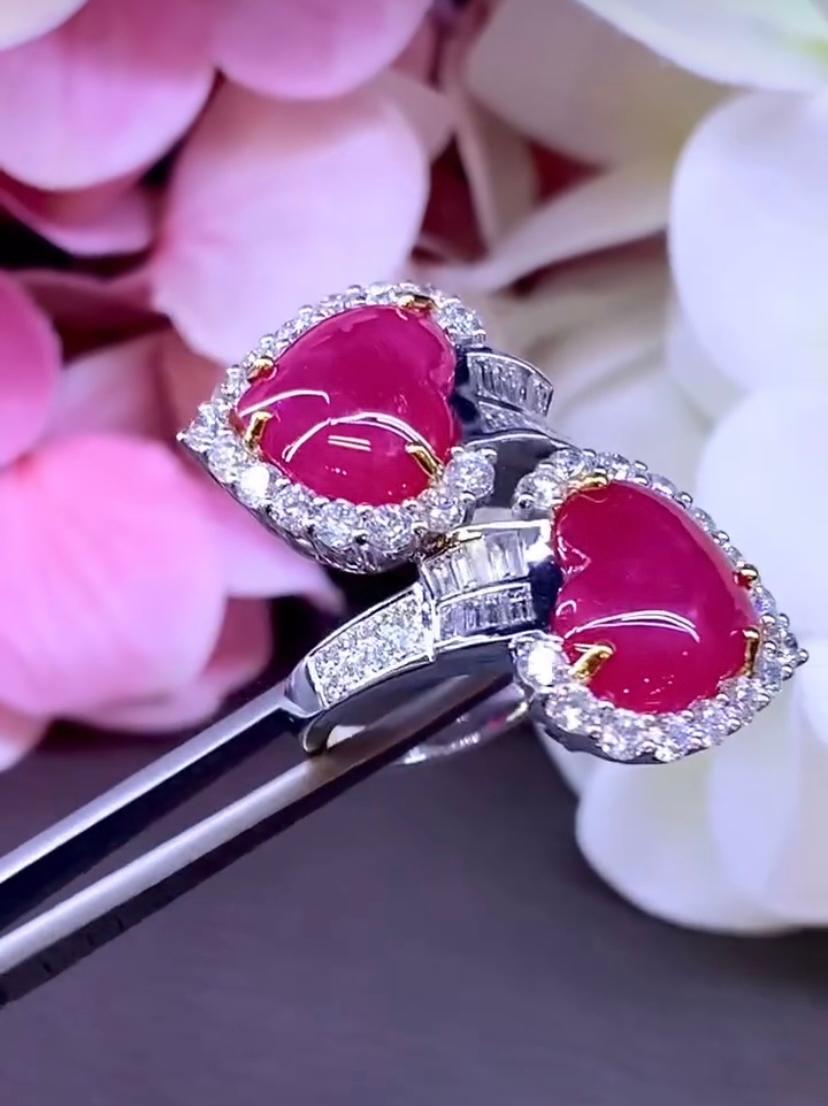 Heart Cut AIG Certified 9.30 Carats Burma Rubies 2.40 Ct Diamonds 18K Gold Ring For Sale