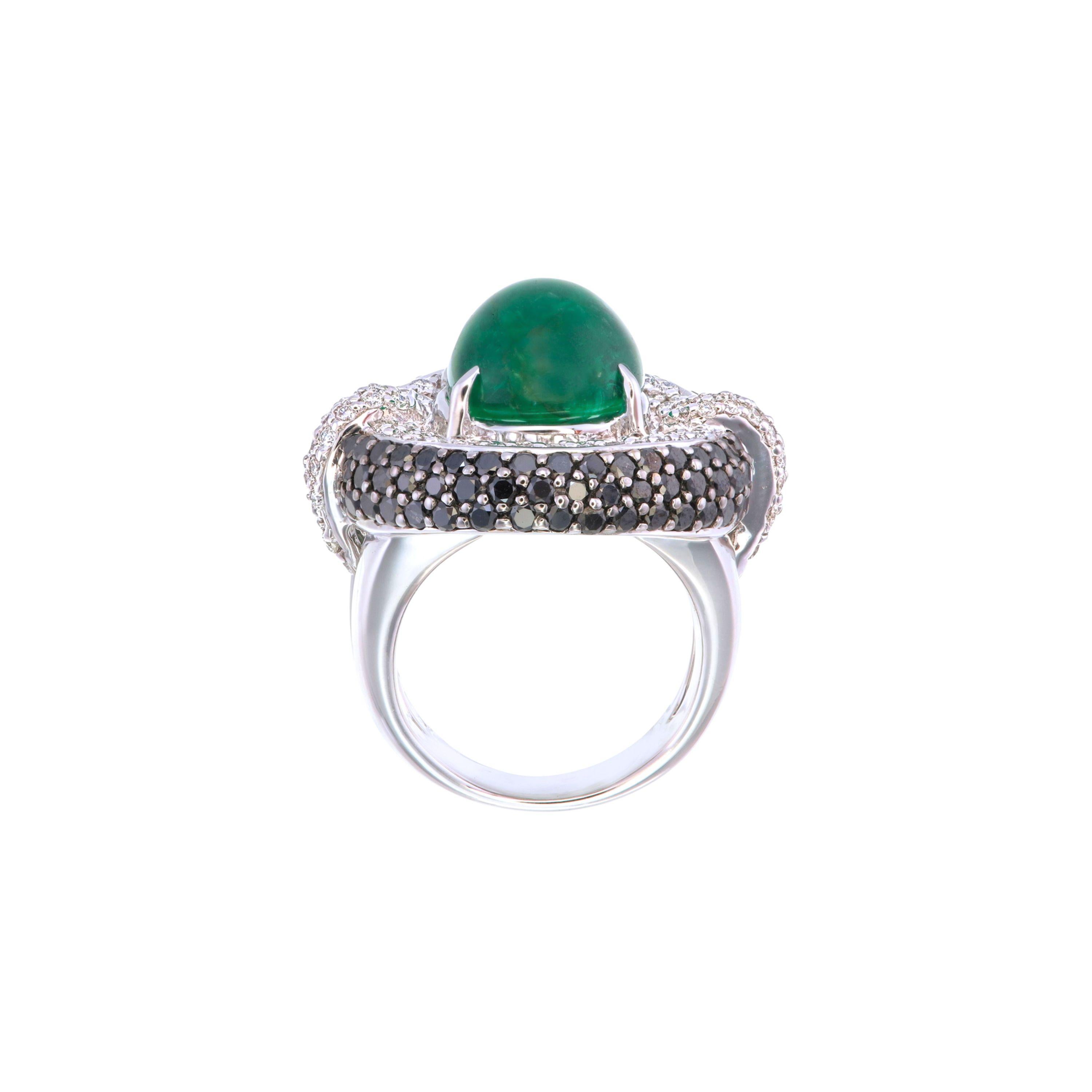 Contemporary AIG Certified 9.34 Carat Zambian Emerald Cabochon & Black Diamond Ring For Sale