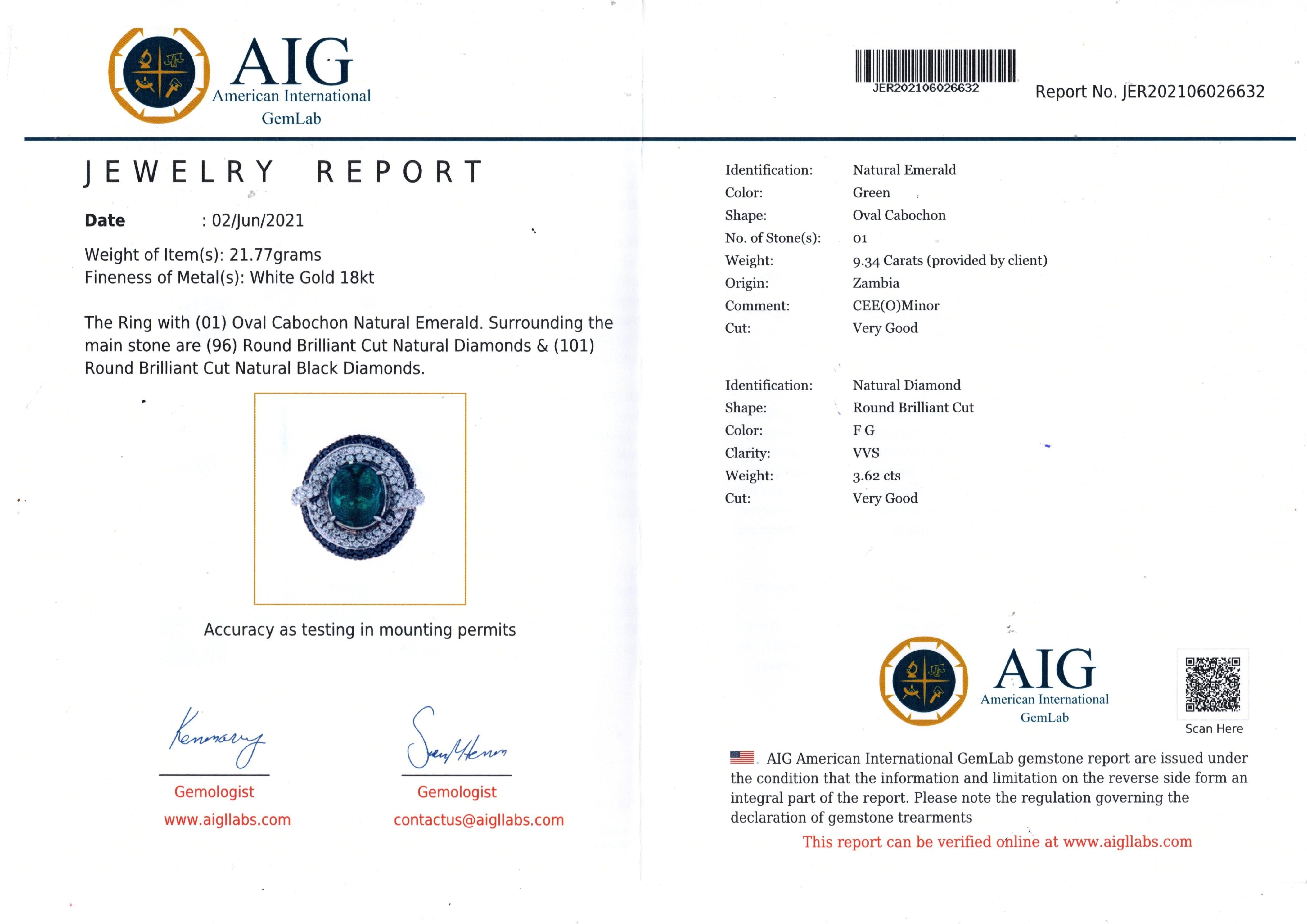Women's AIG Certified 9.34 Carat Zambian Emerald Cabochon & Black Diamond Ring For Sale
