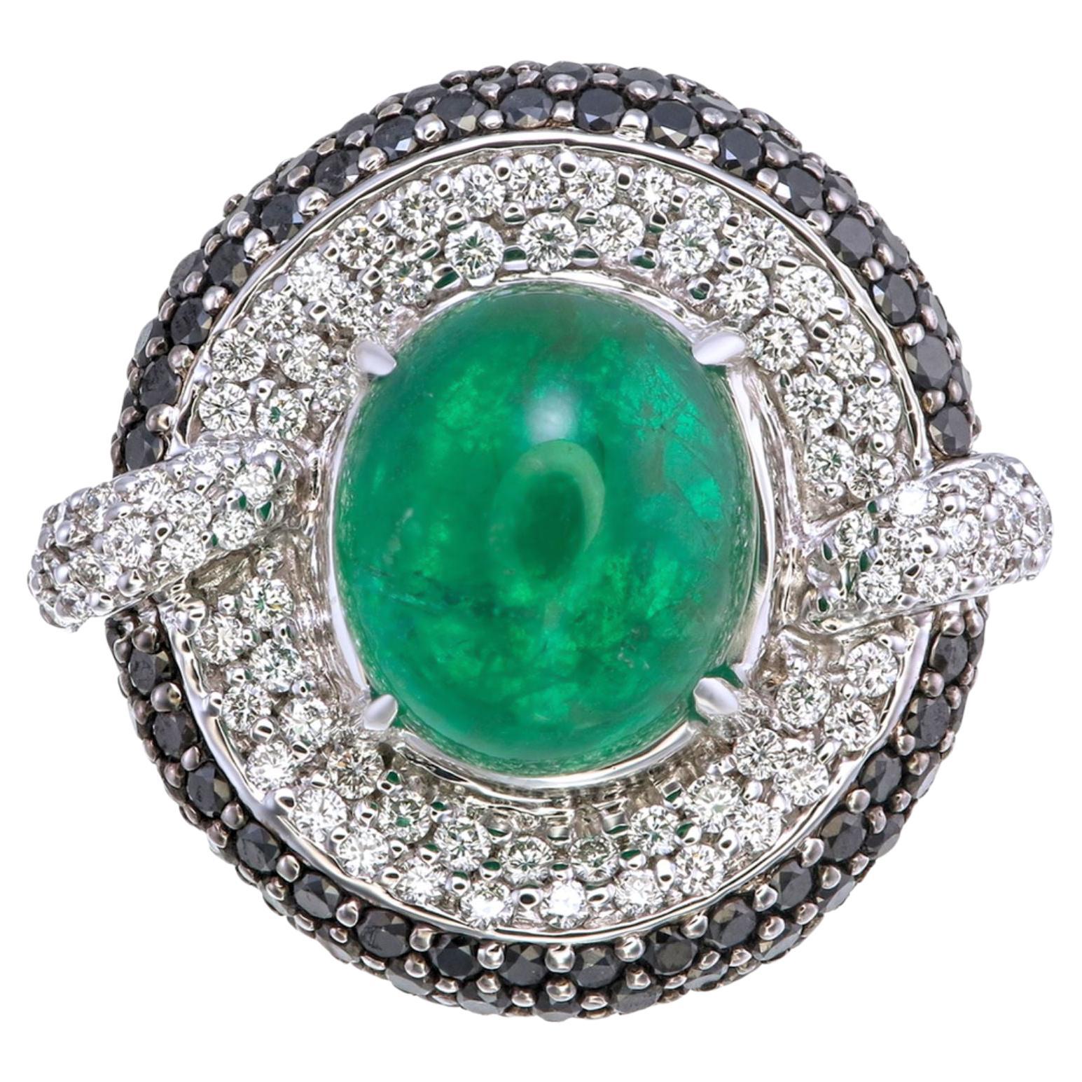 AIG Certified 9.34 Carat Zambian Emerald Cabochon & Black Diamond Ring For Sale