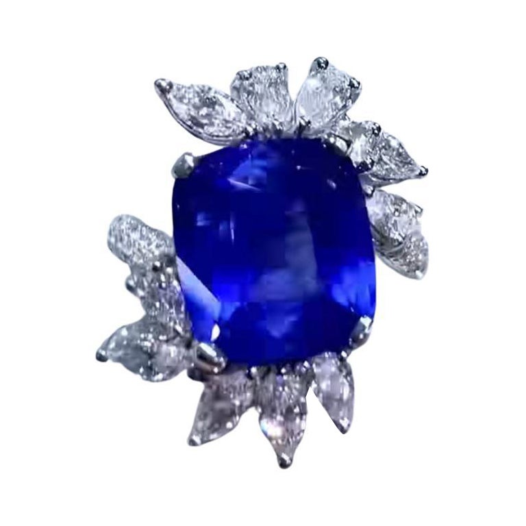 Anillo de oro de 18 quilates con zafiro azul aciano de Ceilán certificado AIG de 9,35 quilates de diamantes