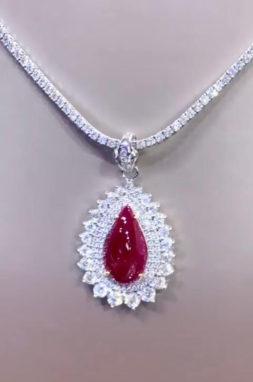 Cabochon AIG Certified 9.50 Carat Burma Ruby  2.70 Ct Diamonds 18k Gold Pendant  For Sale
