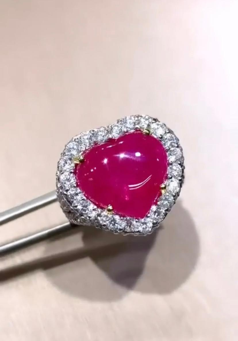Heart Cut AIG Certified 9.50 Carats Natural Burma Ruby 3.40 Ct Diamonds 18K Gold Ring  For Sale