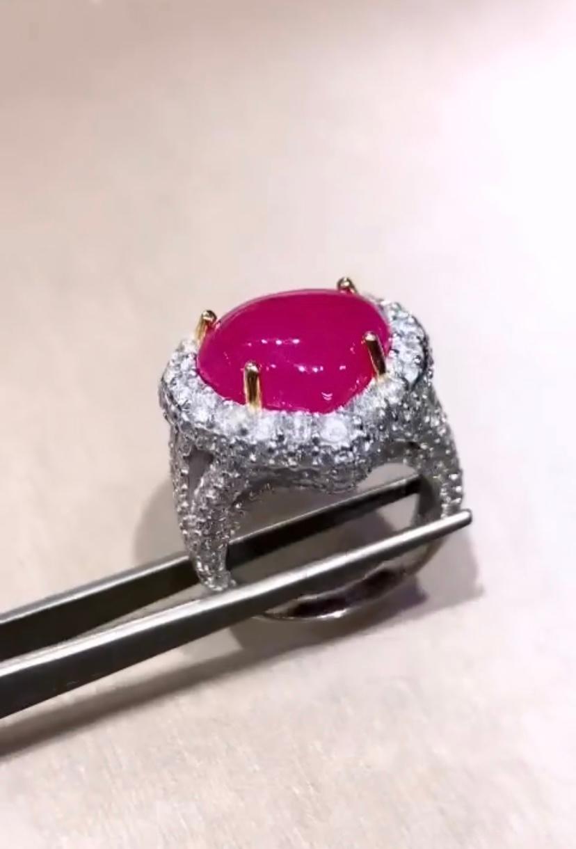 Women's AIG Certified 9.50 Carats Natural Burma Ruby 3.40 Ct Diamonds 18K Gold Ring  For Sale