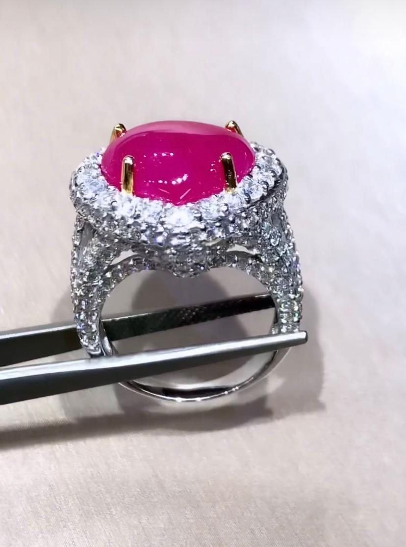 AIG Certified 9.50 Carats Natural Burma Ruby 3.40 Ct Diamonds 18K Gold Ring  For Sale 2