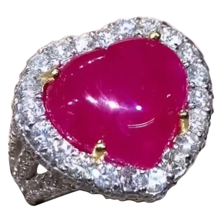 AIG Certified 9.50 Carats Natural Burma Ruby 3.40 Ct Diamonds 18K Gold Ring  For Sale