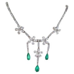 AIG Certified 9.70 Ct Diamonds 3.70 Ct Zambian Emeralds 18K Gold Necklace