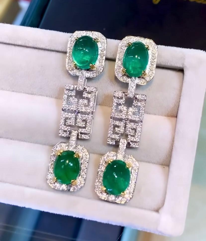 Cabochon AIG Certified 9.92 Carats Zambian Emeralds  1.32 Ct Diamonds 18K Gold Earrings  For Sale