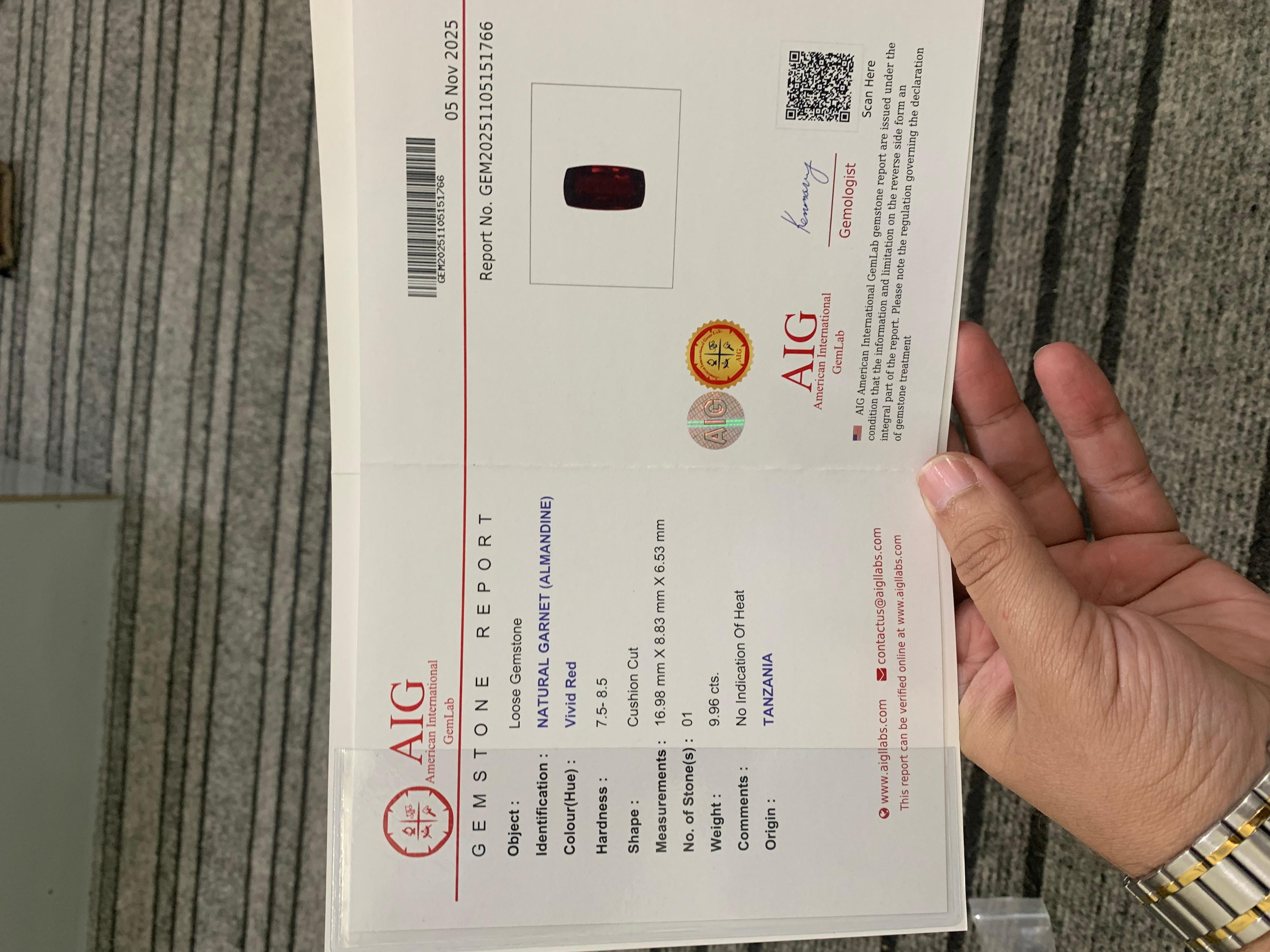 AIG Certified 9.96 Carat Natural Loose Almandine Garnet Cushion Shape Gemstone (pierre précieuse en forme de coussin) en vente 8