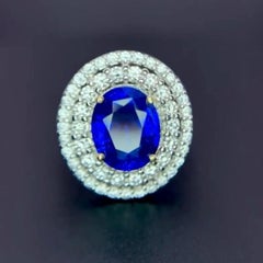 AIG Certified Blue Sapphire Ring Size 17 With White Gold And Diamonds