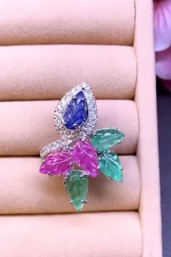 AIG Certified Caving Emeralds Sapphire Rubies Diamonds 18K Gold Ring
