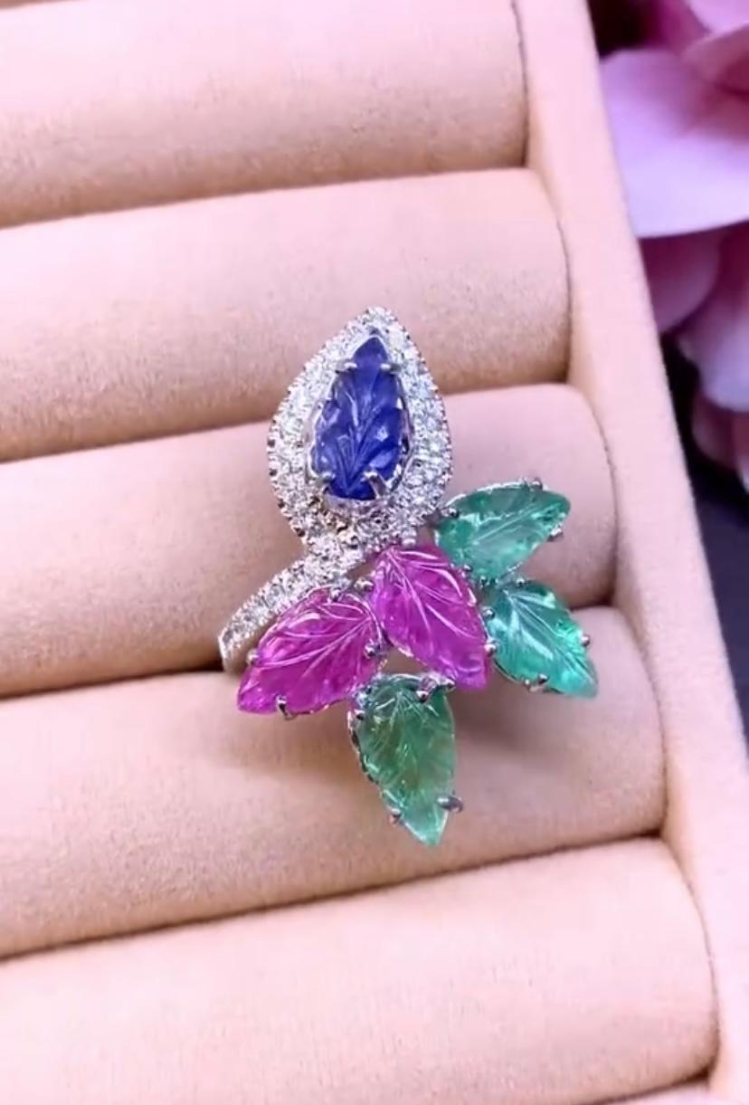 Women's AIG Certified Caving Emeralds Sapphire Rubies Diamonds 18K Gold Ring For Sale