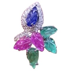AIG Certified Caving Emeralds Sapphire Rubies Diamonds 18K Gold Ring
