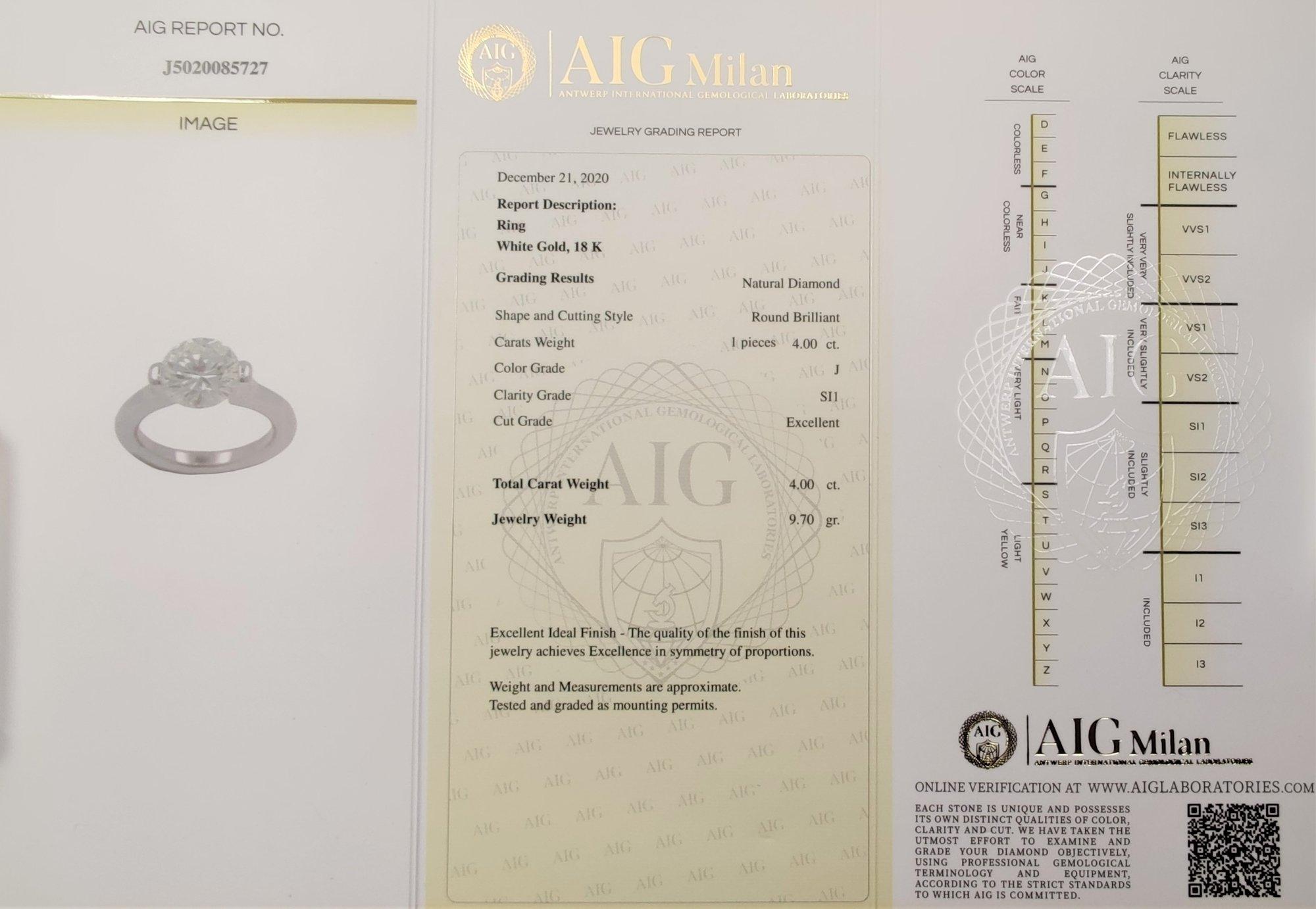 Anello di fidanzamento in oro 18K con diamante certificato AIG: anello con diamante da 4 carati in vendita 5