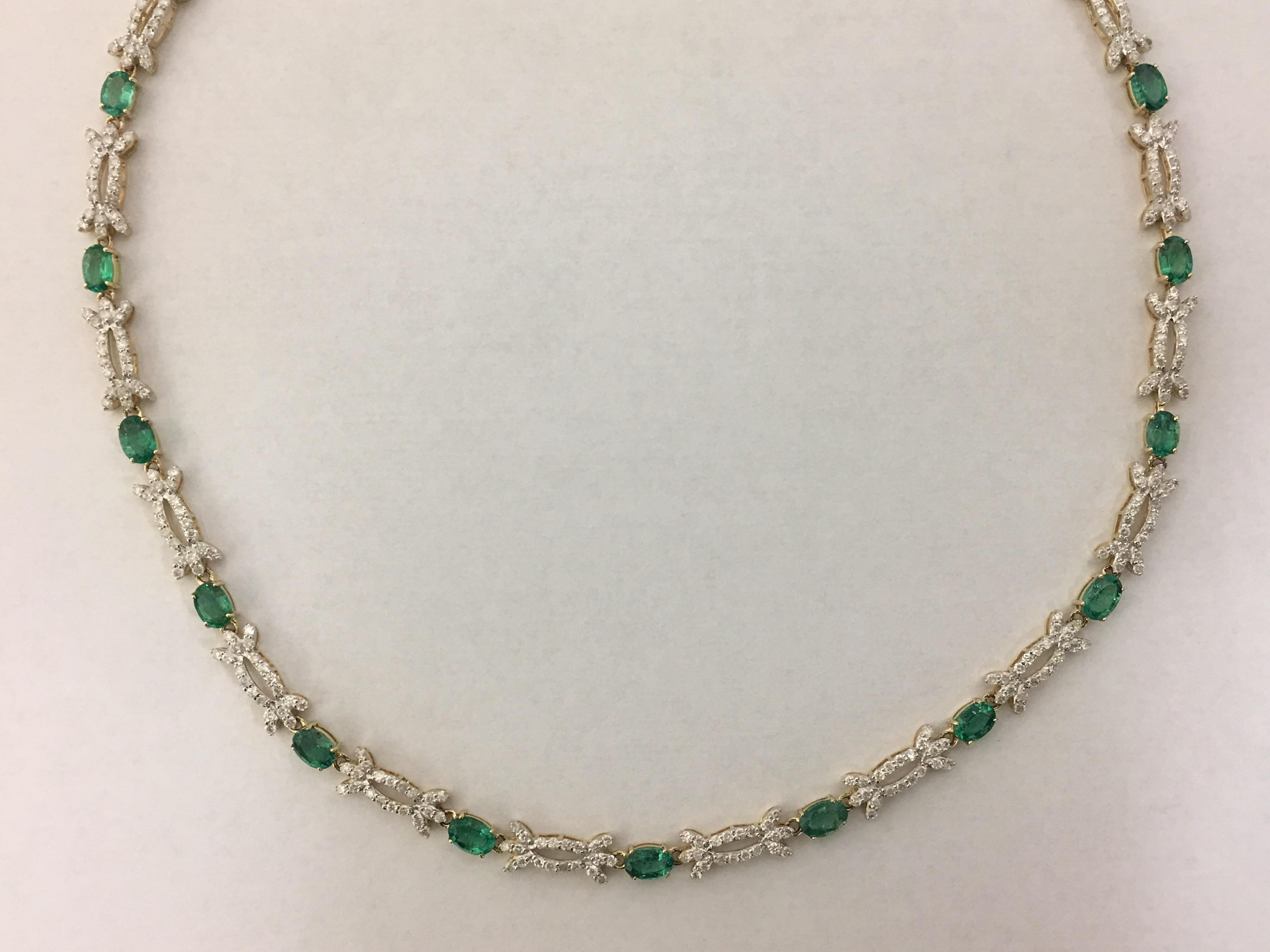 Natural Oval 8.06 Carat Emerald and Round  4.96 Carat White Diamonds ( Color G-H )  set in 14 Karat yellow gold   is one of a kind handcrafted  Necklace. Total weight of the Necklace is 19.60 Gram. Length of Necklace is 17.5 Inches.