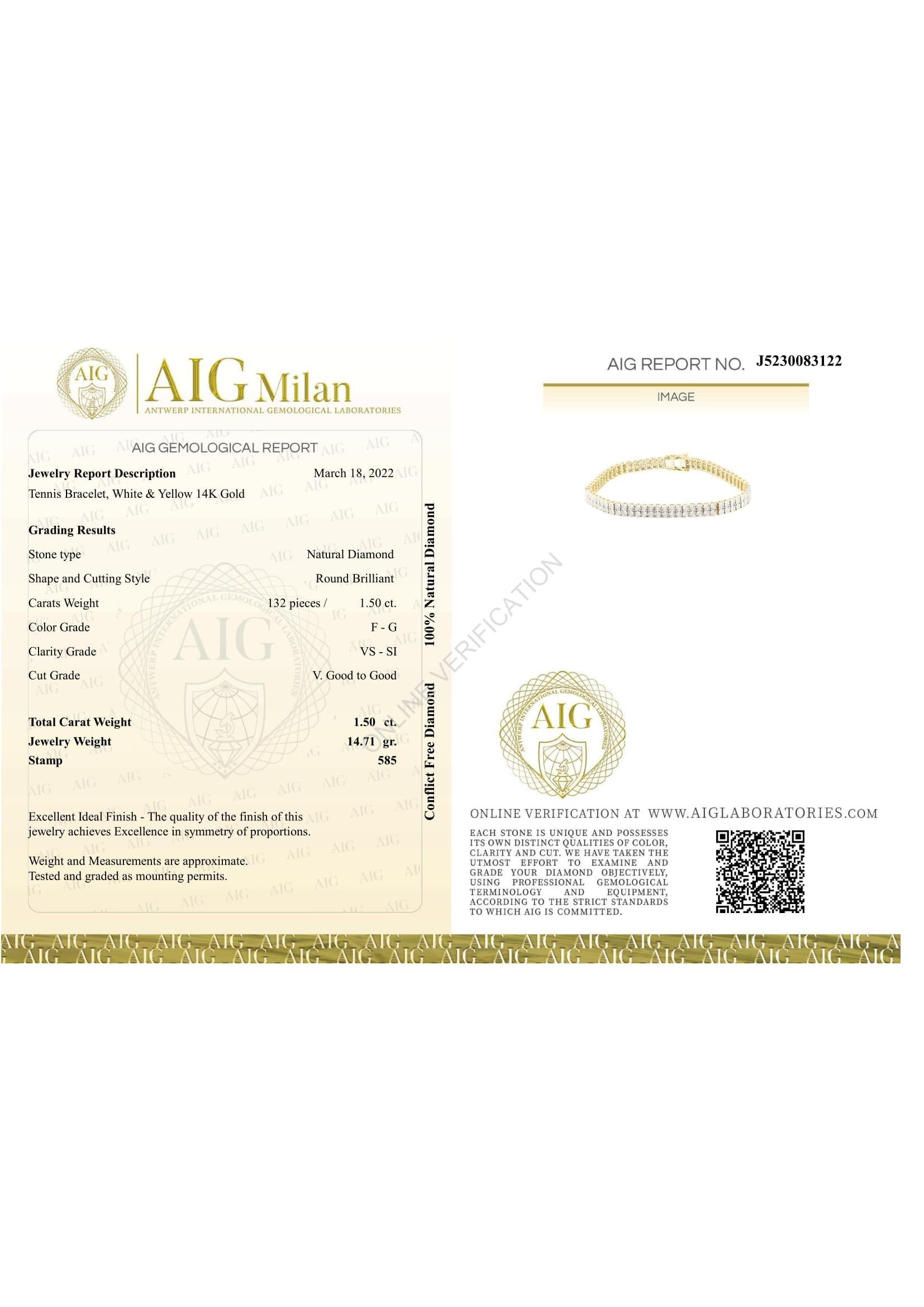 AIG-zertifiziertes goldenes Tennisarmband mit 1,50 Karat Diamanten. im Angebot 2