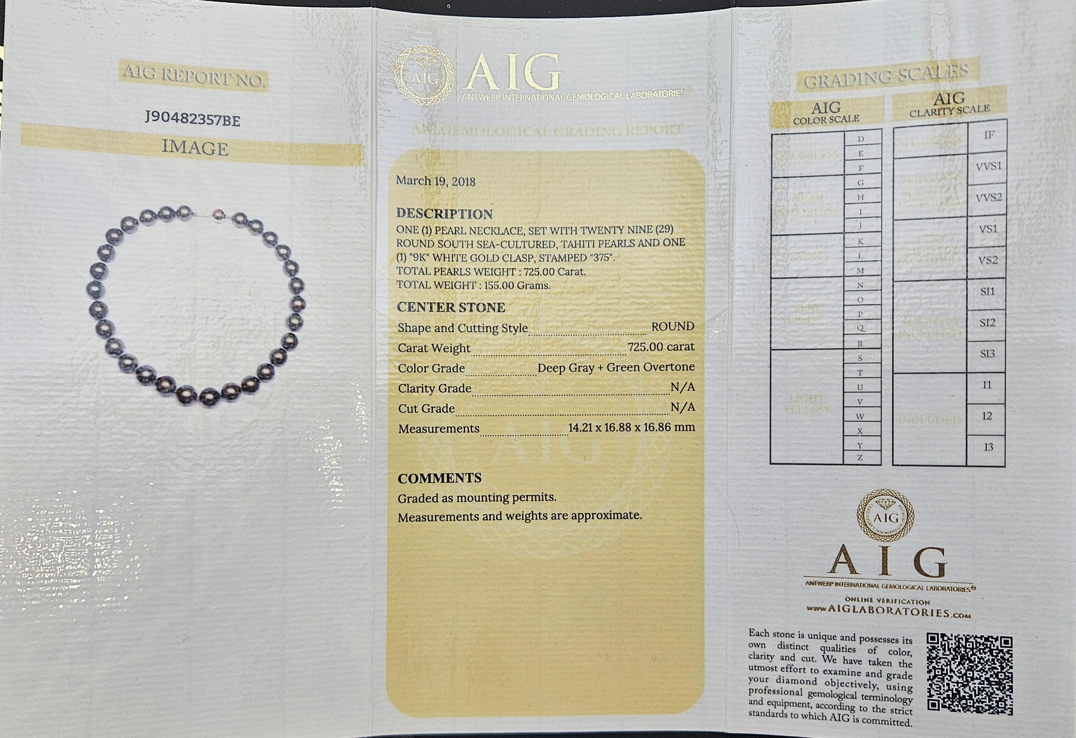 Collana di perle di Tahiti enormi certificate AIG Degradé 14 / 17 mm, armadietto in oro bianco in vendita 12