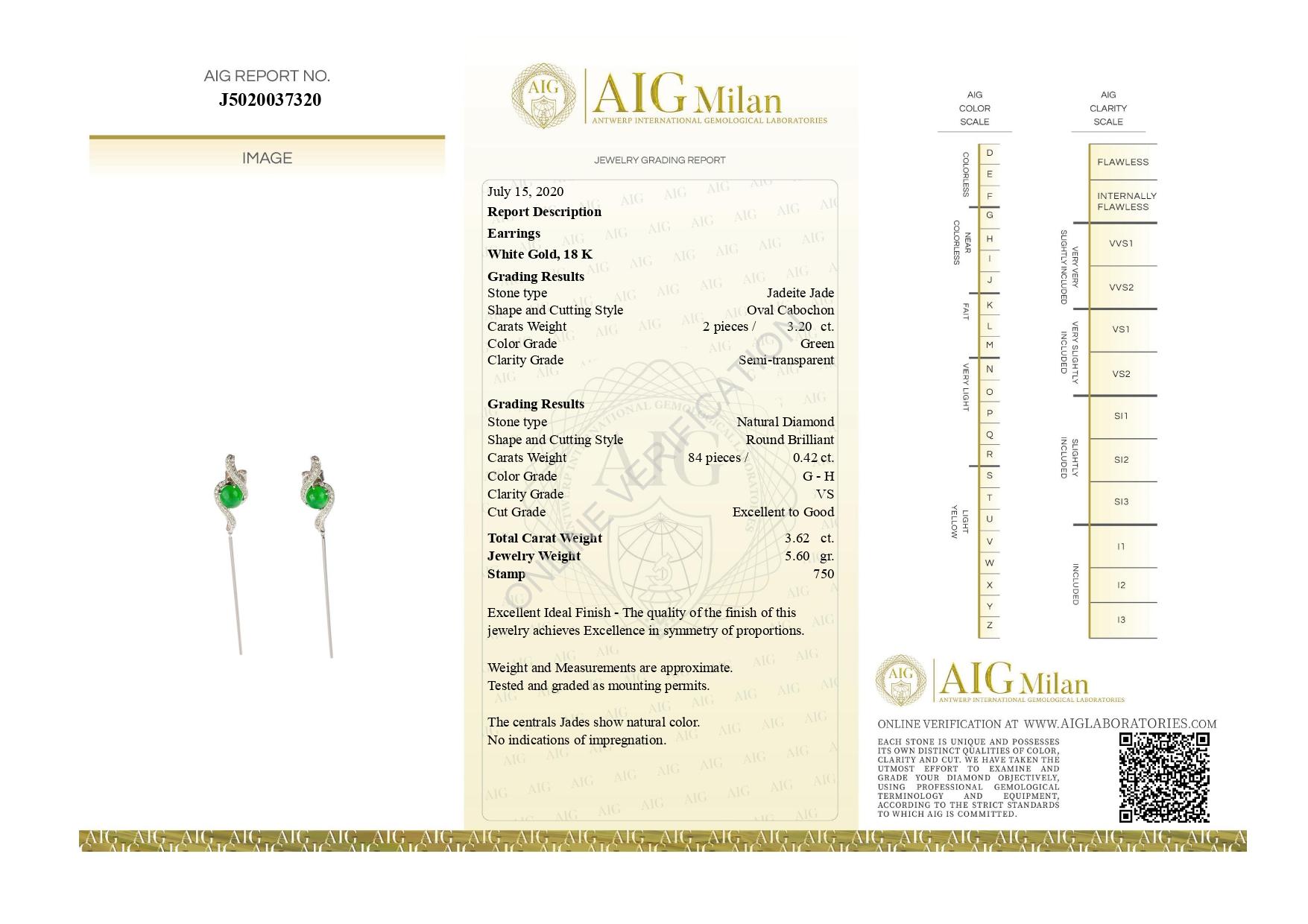 Arts and Crafts AIG Certified Intini Italy Jade Diamond 18 Karat White Gold Drop Dangle Earrings