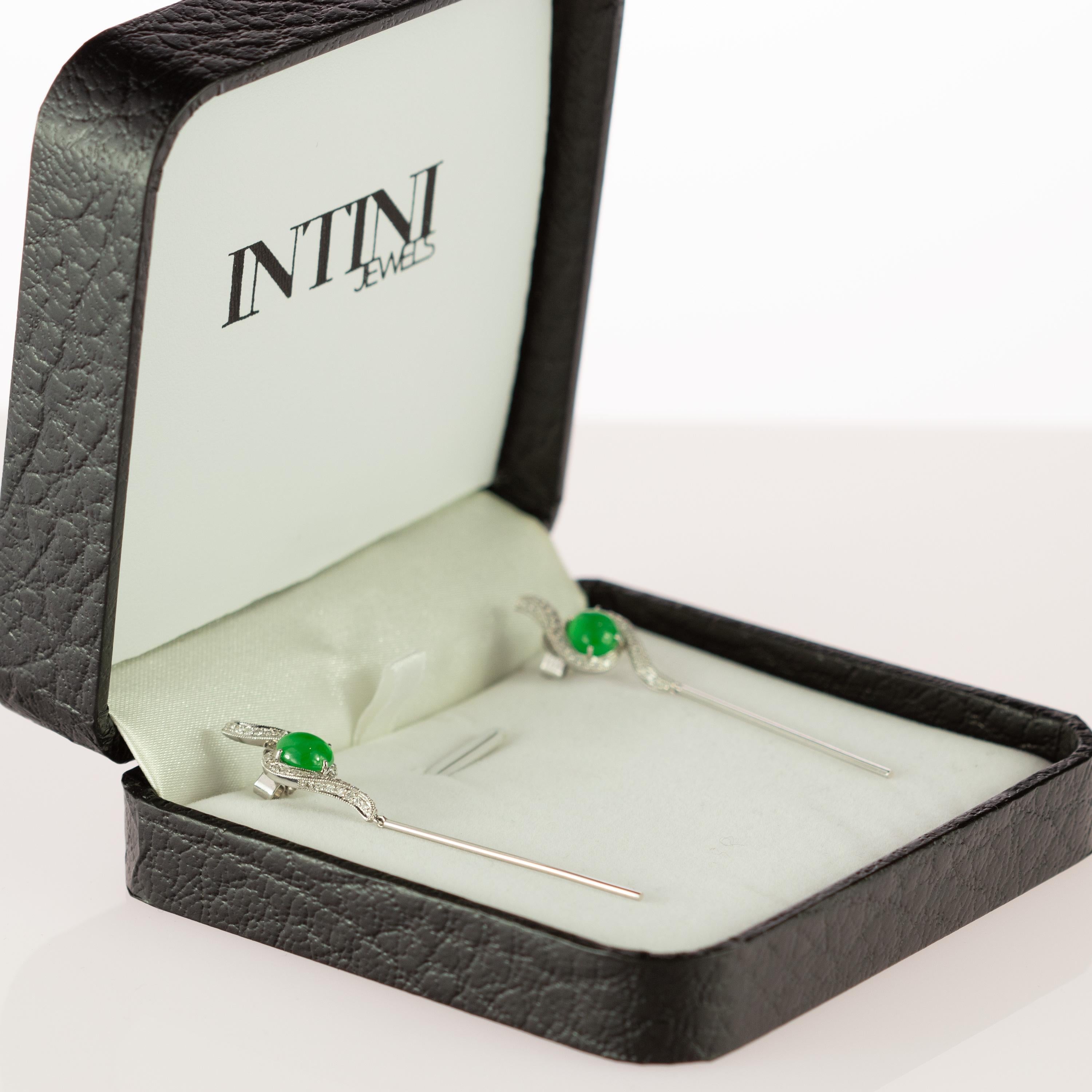 Women's or Men's AIG Certified Intini Italy Jade Diamond 18 Karat White Gold Drop Dangle Earrings
