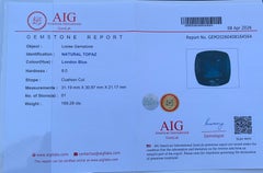 AIG Certified Natural London Blue Topaz Gemstone: 169.29 Carat Cushion Cut
