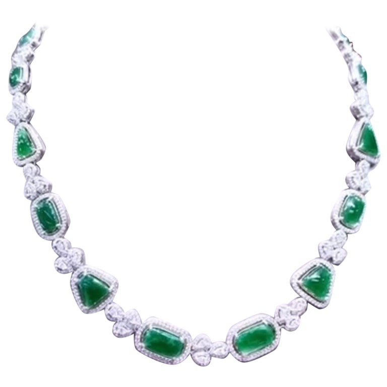 AIG certified of 18.68 ct of untreated Jade and 7.66 ct of diamonds on necklace  For Sale