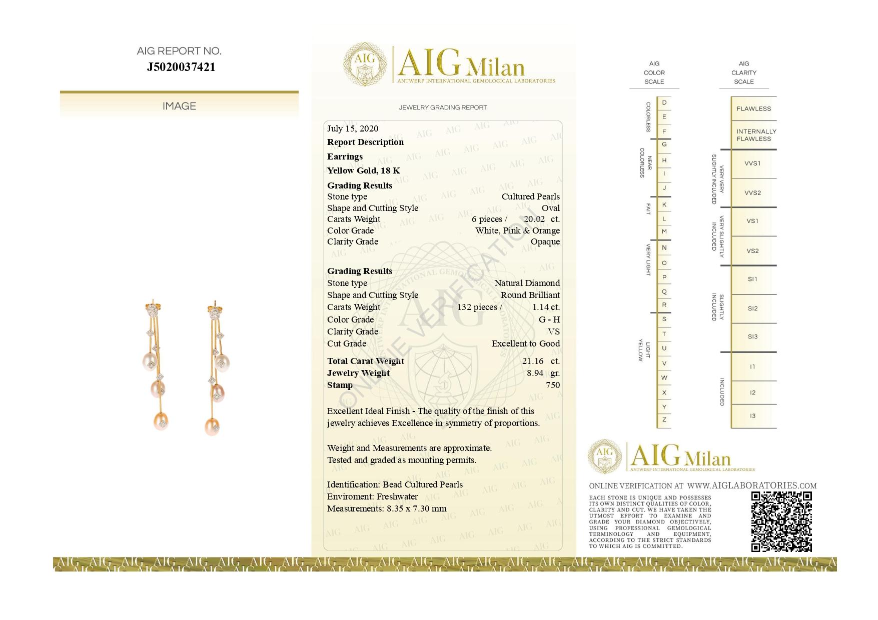 Modern AIG Certified Pearl Diamond Stud Drop 18 Karat Yellow Gold Chain Dangle Earrings