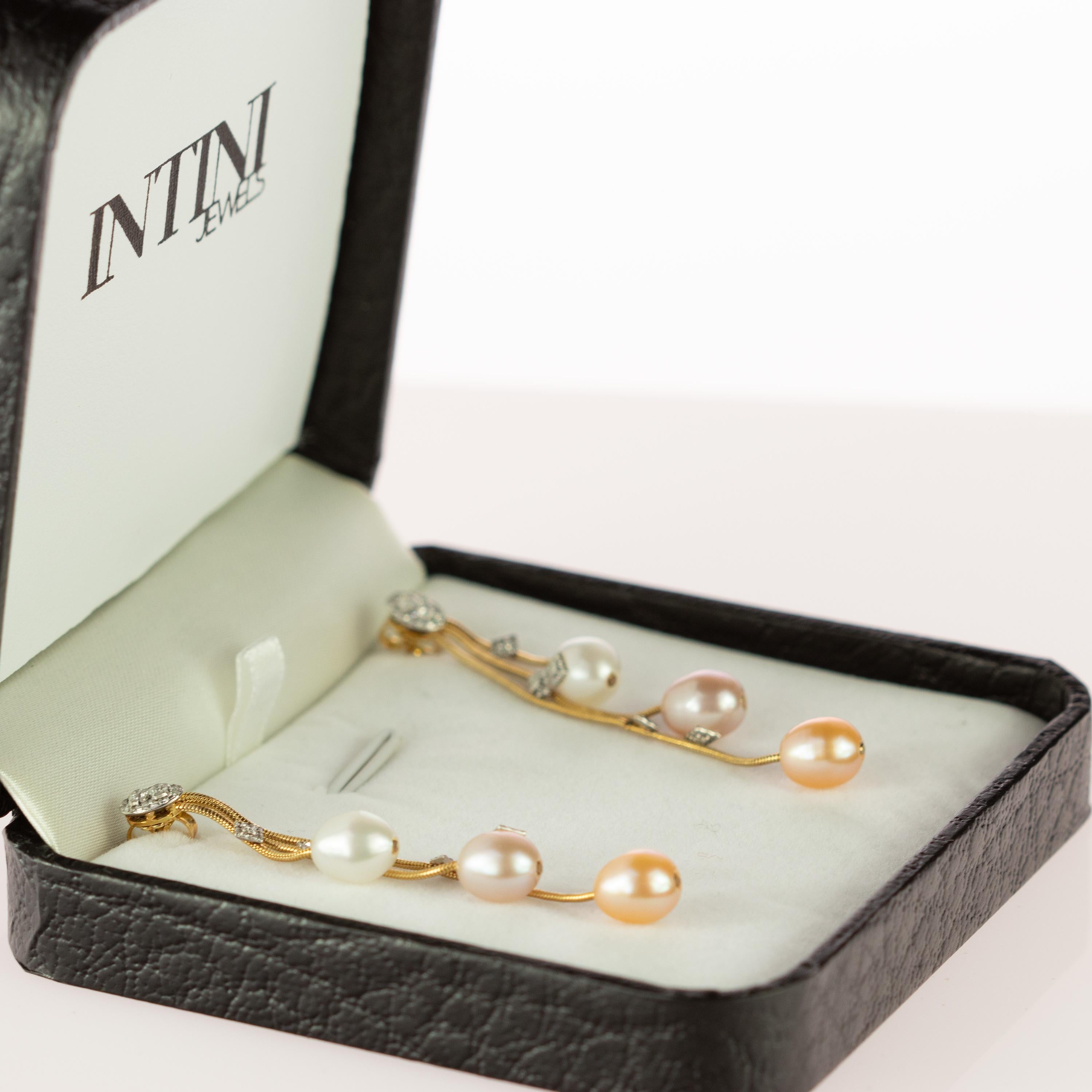 Women's AIG Certified Pearl Diamond Stud Drop 18 Karat Yellow Gold Chain Dangle Earrings