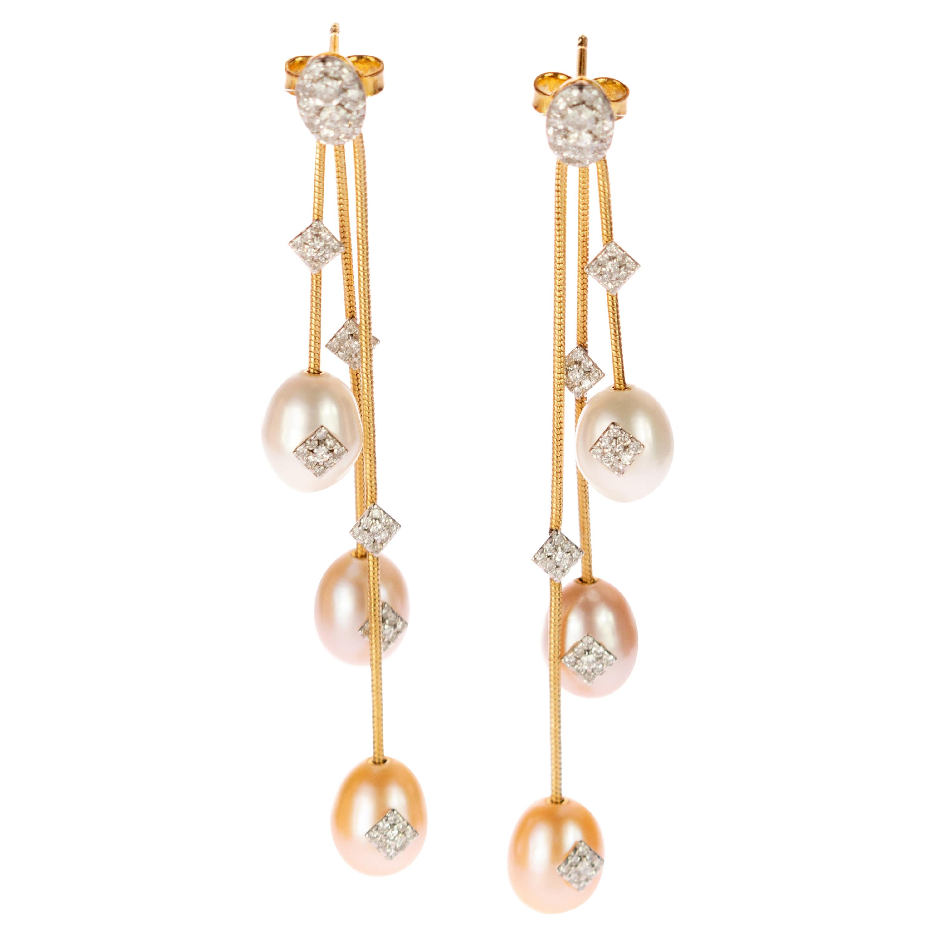 AIG Certified Pearl Diamond Stud Drop 18 Karat Yellow Gold Chain Dangle Earrings