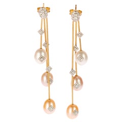 AIG Certified Pearl Diamond Stud Drop 18 Karat Yellow Gold Chain Dangle Earrings