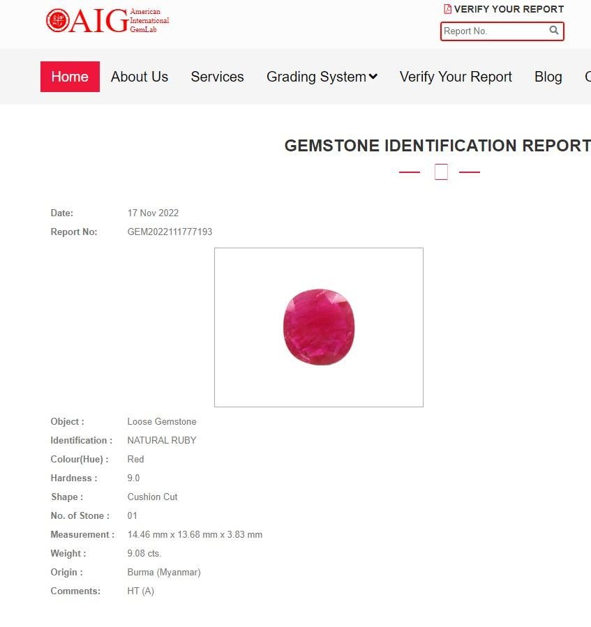 AIG Certified Rare 9.08 Carat Burma Ruby & Diamond Ring in 18K White Gold 5