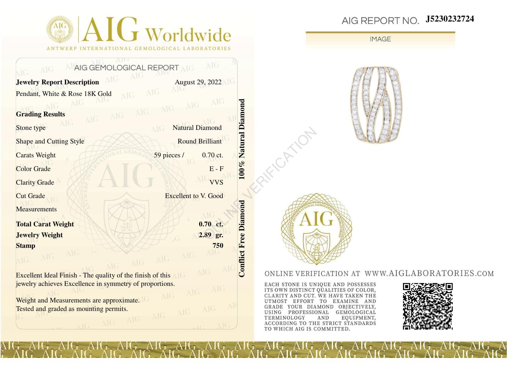 AIG Certified, Rose Golden Design Pendant with Brilliant Cut Diamonds For Sale 3