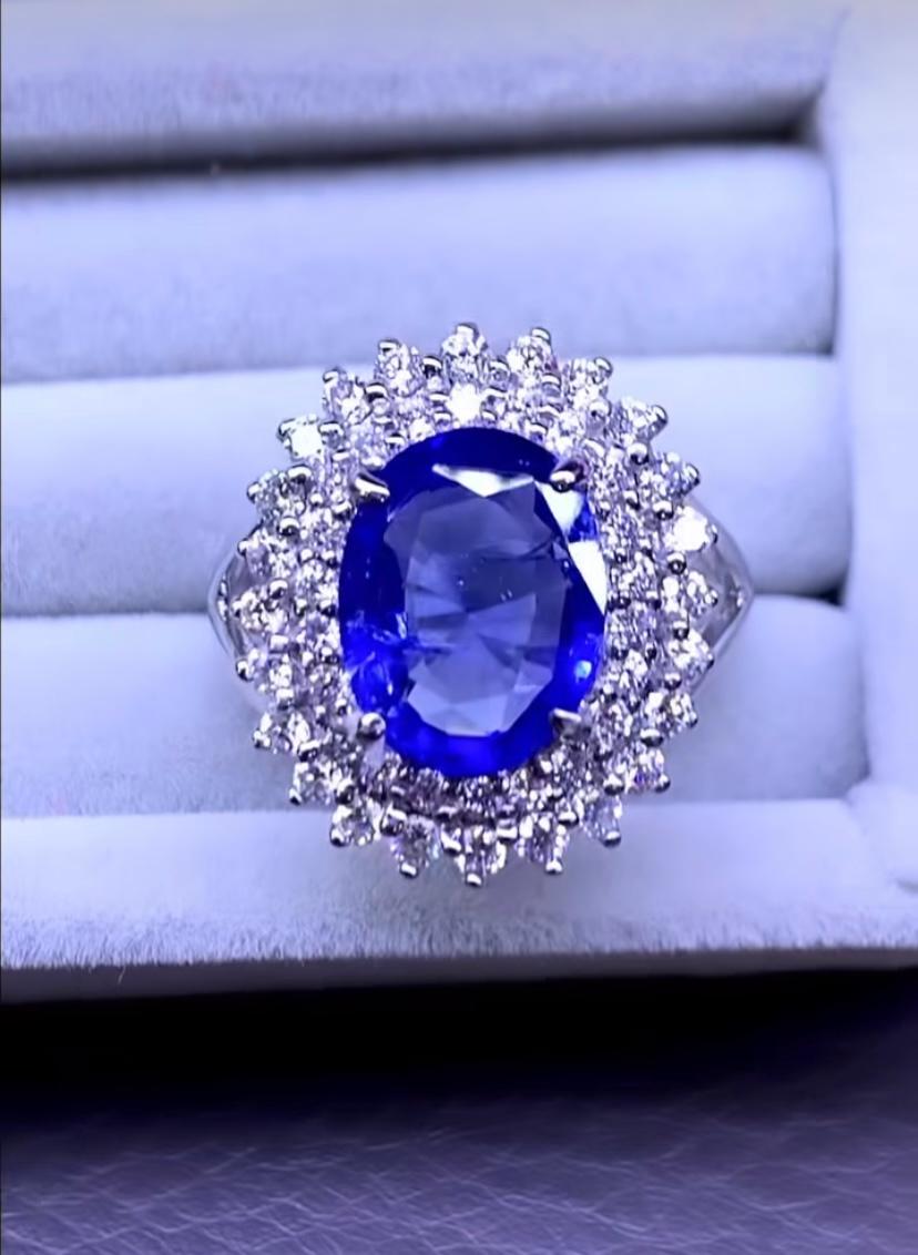 Oval Cut AIG Certified  Unheated 3.65  Carat Ceylon Sapphire Diamonds 18k Gold Ring For Sale