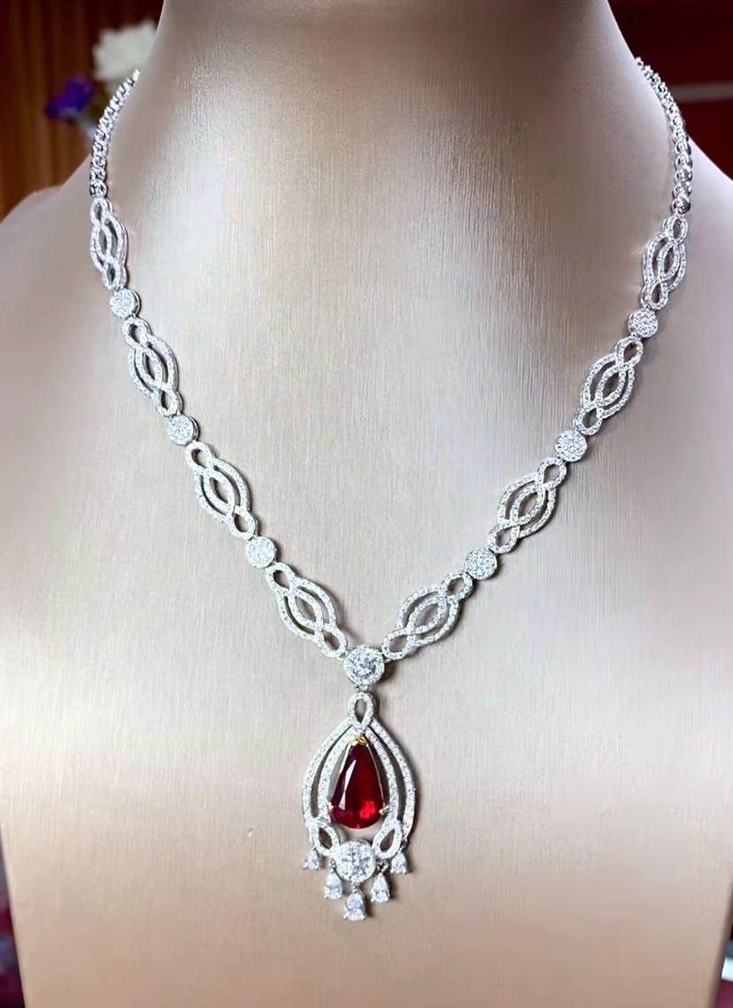 Ruby, the queen of Colors stone  
Introducing an exquisite necklace featuring striking Pigeon Blood Ruby and dazzling diamonds . This captivating necklace has been crafted to the perfection. 
Immerse yourself in the luxurious beauty of this