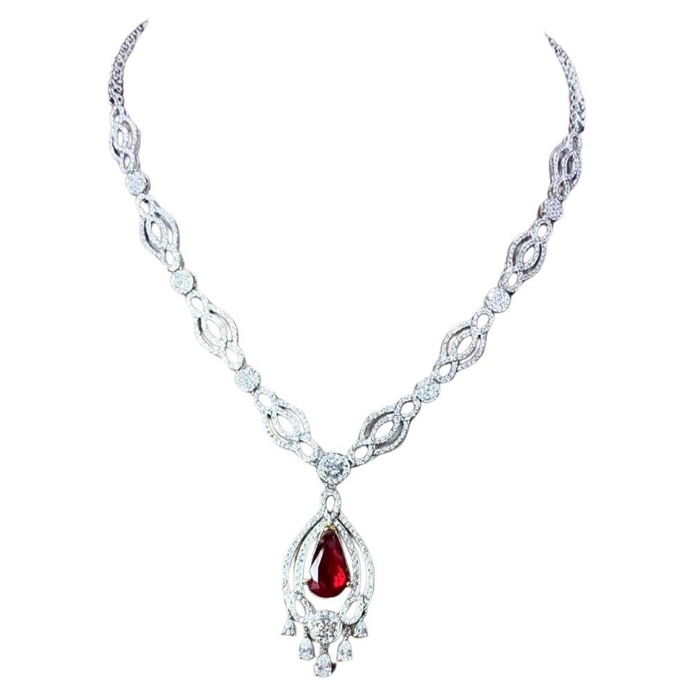 AIG Certified Untreated Mozambique Pigeon Blood Ruby Diamonds 18K Gold Necklace