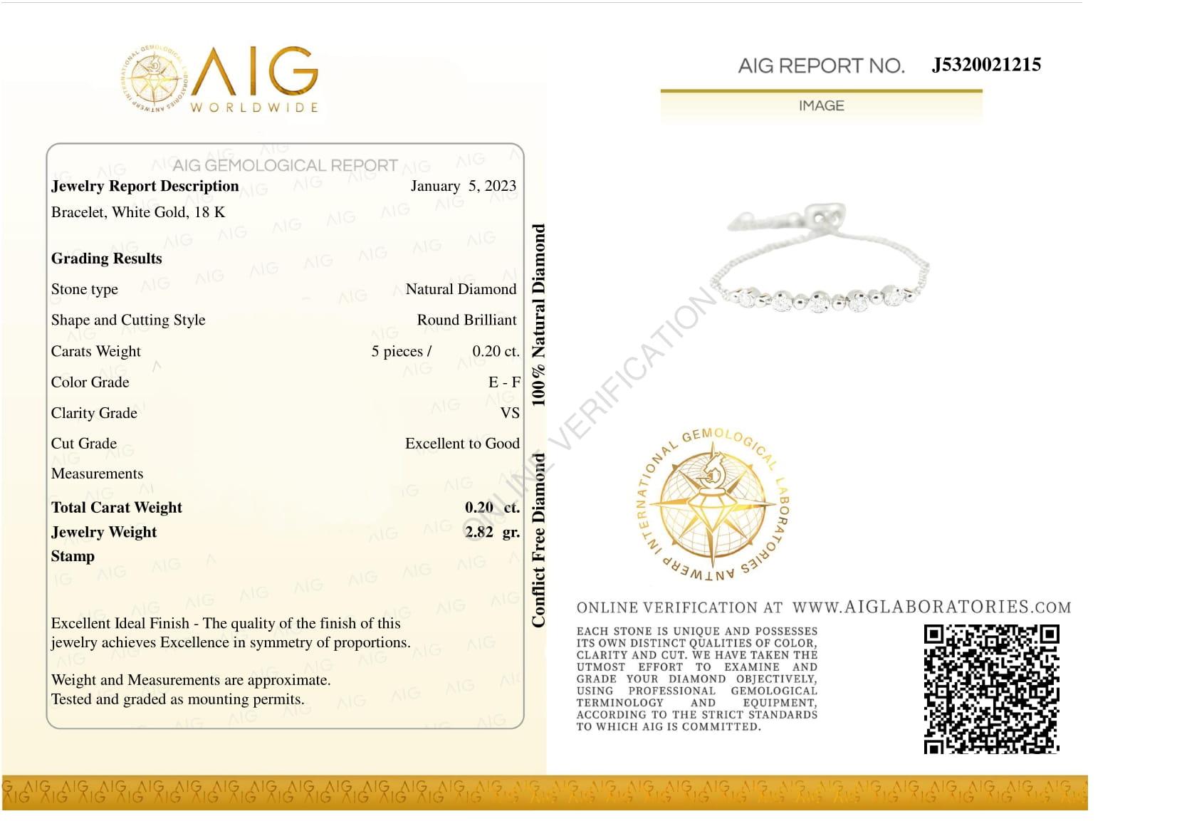 Pulsera de Oro Blanco Certificado AIG con Diamantes en venta 1