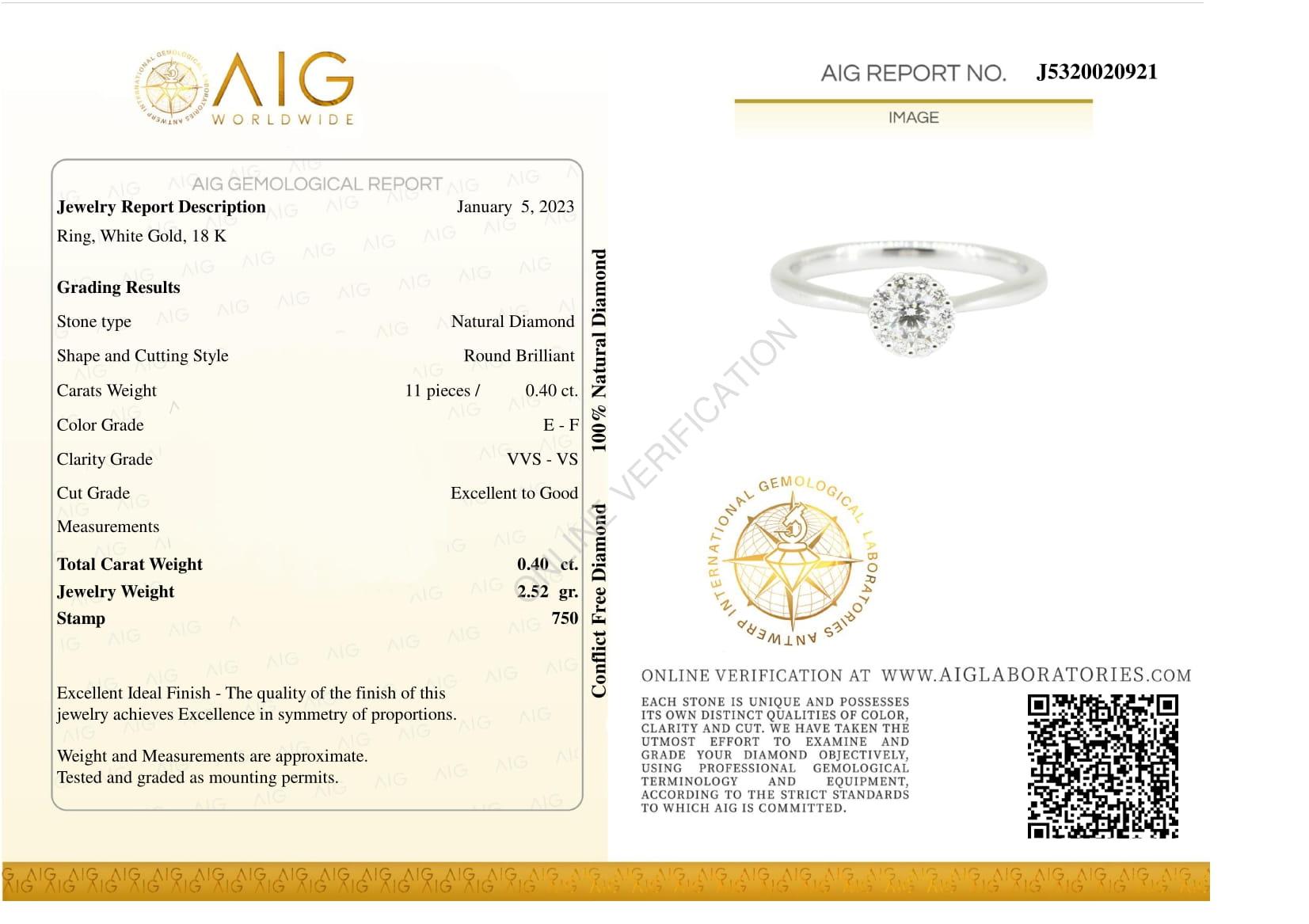 Bague en or blanc certifiée AIG avec un diamant de 0,35 carat en vente 1