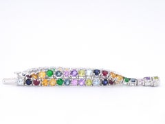 AIG Certified, White Golden Tennis Bracelet with Multi Color Gemstones