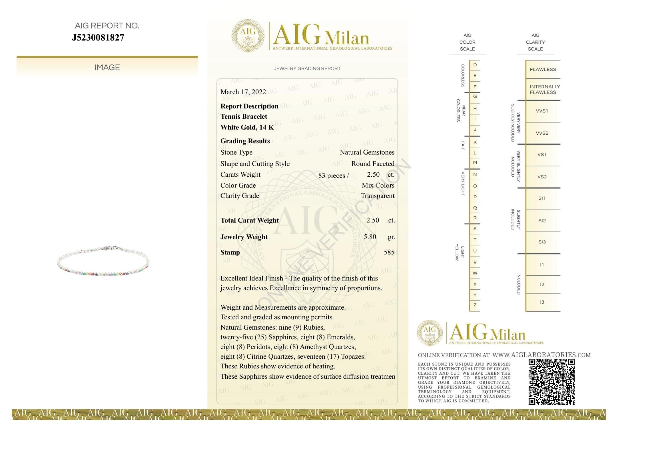 AIG Certified, White Golden Tennis Bracelet with Multi Color Gemstones For Sale 4
