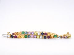AIG Certified, Yellow Golden Tennis Bracelet with Multi Color Gemstones
