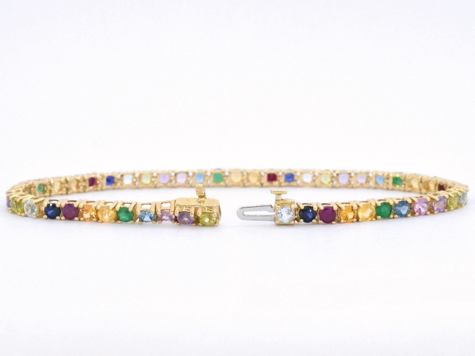 AIG Certified, Yellow Golden Tennis Bracelet with Multi Color Gemstones In New Condition For Sale In AMSTELVEEN, NH