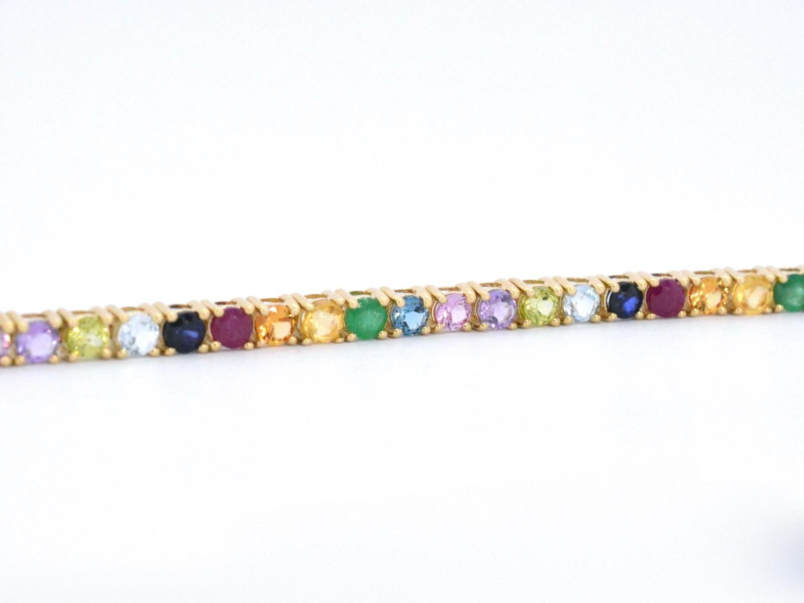 AIG Certified, Yellow Golden Tennis Bracelet with Multi Color Gemstones For Sale 1