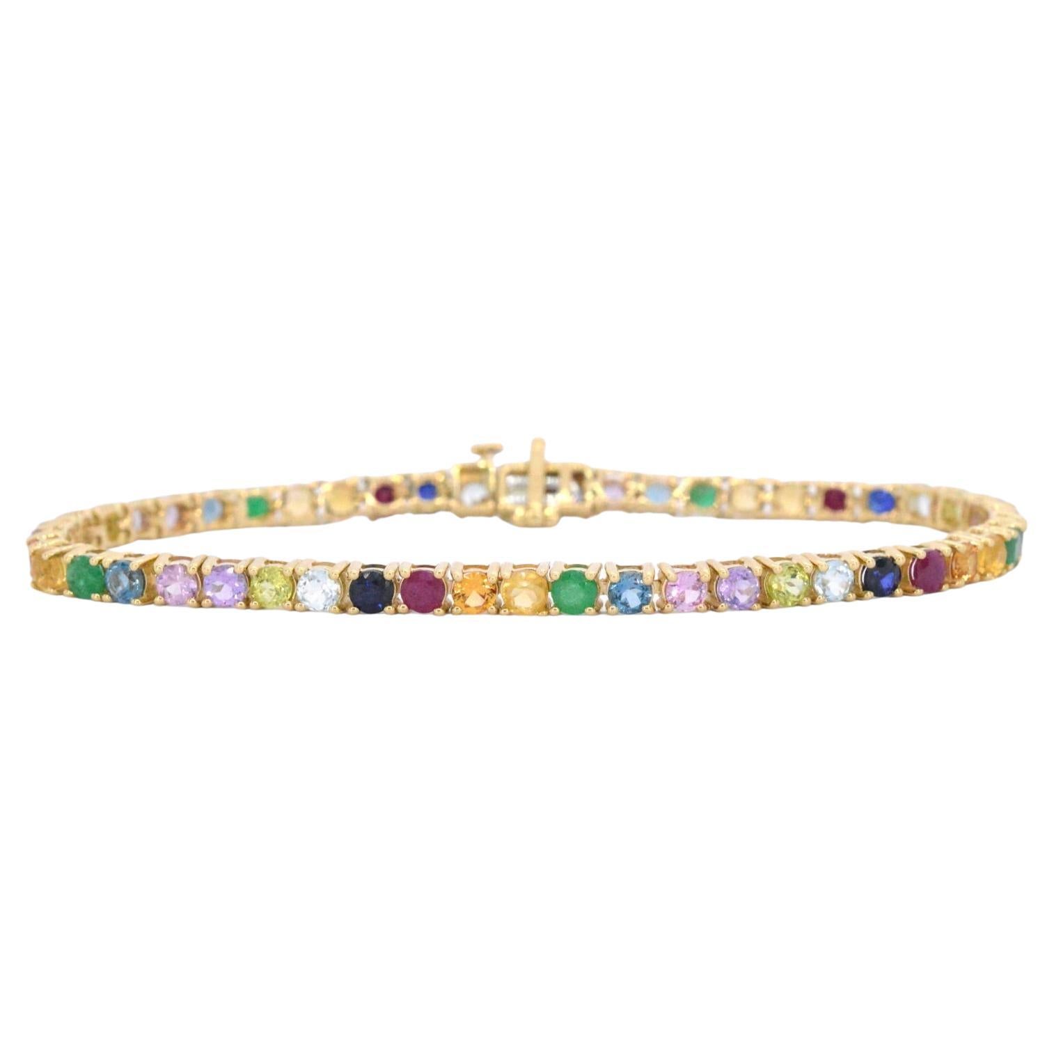 AIG Certified, Yellow Golden Tennis Bracelet with Multi Color Gemstones For Sale