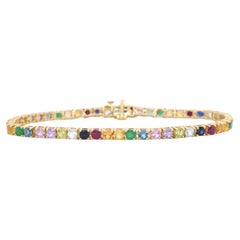 AIG Certified, Yellow Golden Tennis Bracelet with Multi Color Gemstones