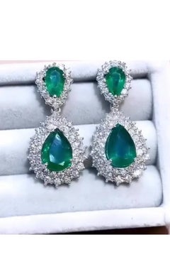 AIG Cetified 10.30 Carat Zambian Emeralds  3.80 Ct Diamonds 18K Gold Earrings