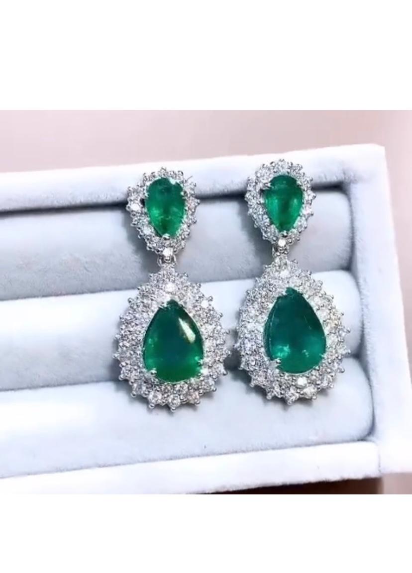 Contemporary AIG Cetified 10.30 Carat Zambian Emeralds  3.80 Ct Diamonds 18K Gold Earrings  For Sale