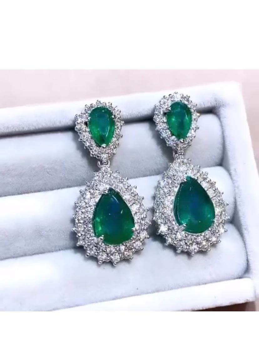 Pear Cut AIG Cetified 10.30 Carat Zambian Emeralds  3.80 Ct Diamonds 18K Gold Earrings For Sale